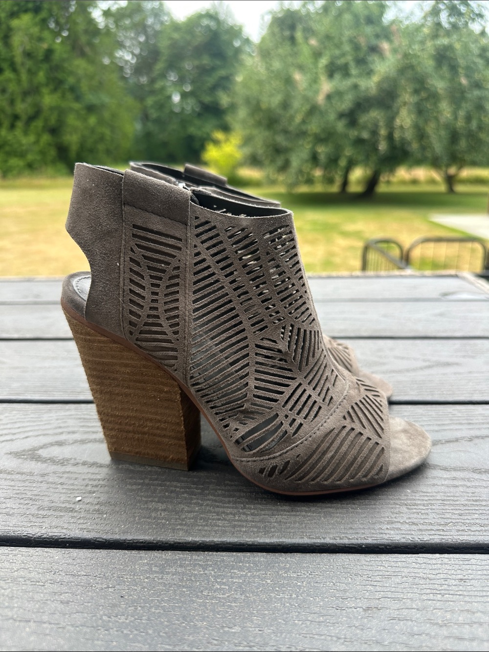 Vince Camuto Taupe Laser-Cut Open-Toe Block Heel Booties